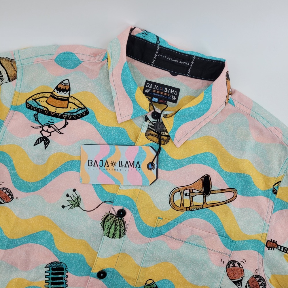 Baja Llama Ay Caramba 7-Seas Button Up Mens Medium Multicolor Mariachi Print